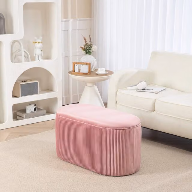Panca contenitore in stile retrò con rivestimento effetto velluto e pieghe laterali rosa 81 × 40 × 41 cm