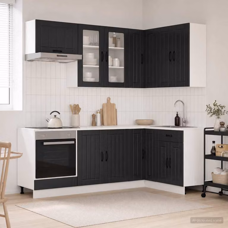vidaXL Unità Cucina LUCCA 8 Pezzi Moderna Nero con Ante in Vetro e Cassetti in MDF