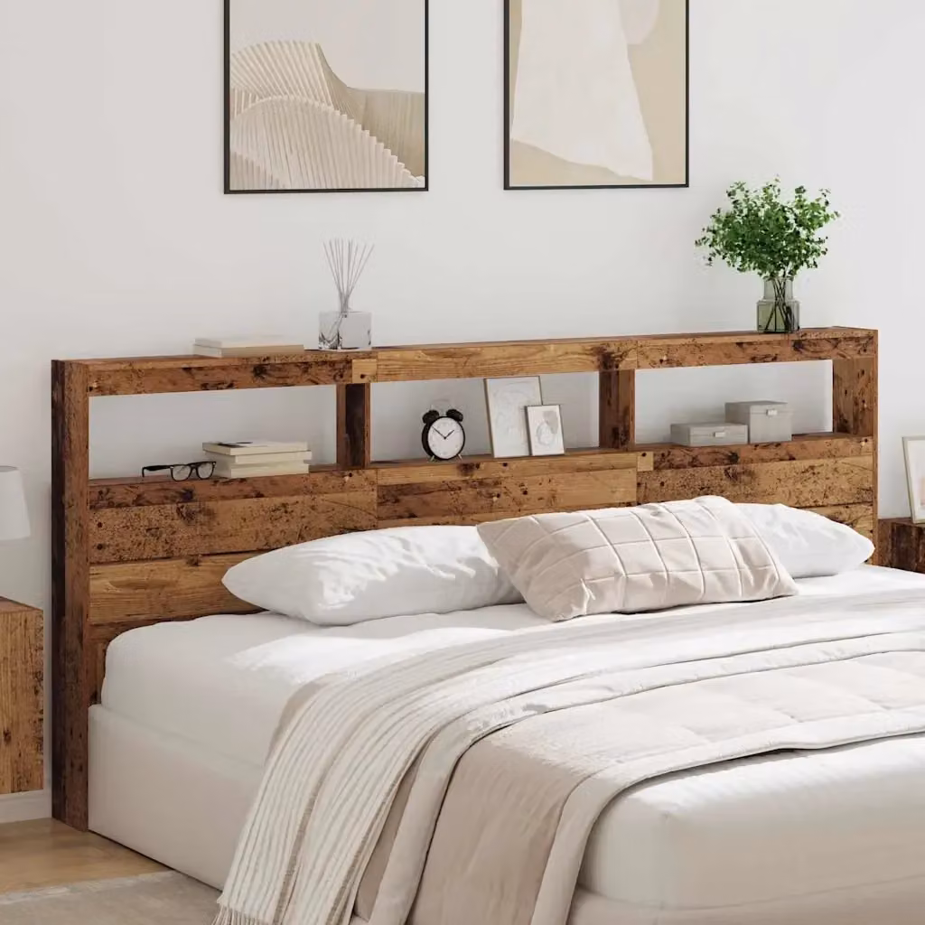 Testiera moderna in legno multistrato marrone con illuminazione integrata, porta di ricarica USB e mensola portaoggetti, L 220 cm x P 17 cm x H 102 cm – 2