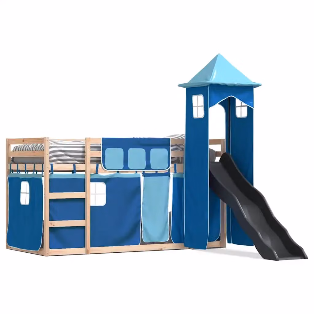 Letto a castello per bambini vidaXL in legno di pino con scivolo e tende blu e antracite L/P/H: 200 x 80 x 160 cm – 2