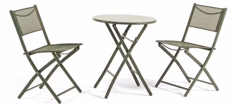 Set da pranzo pieghevole salvaspazio per esterni con tavolo rotondo Ø60 e 2 sedie in metallo e Textilene, ideale per balconi, terrazze e verande, Nemo + Lilia - Oliva