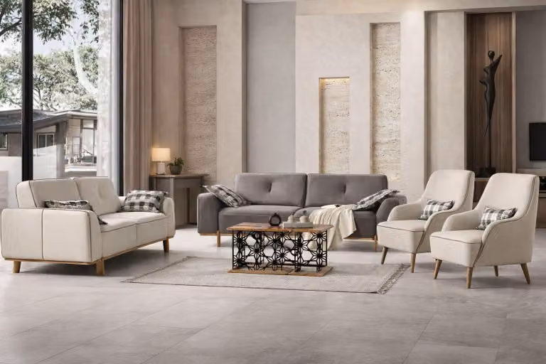Lussuoso set da salotto 3+3+1+1 posti: divano grigio e poltrone, 4 pezzi