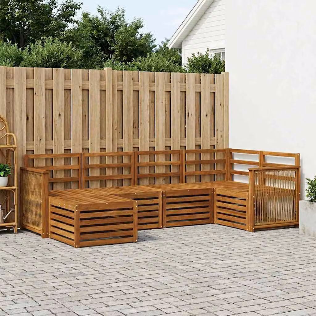 Set di divani da esterno vidaXL 5 pz in legno di acacia massello marrone con cuscini e pouf inclusi