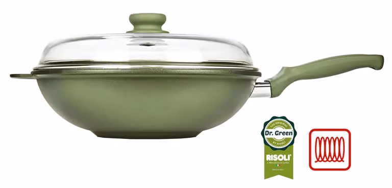 Wok Dr. Green ad induzione in alluminio pressofuso con coperchio e un manico in bakelite, diam. 32cm