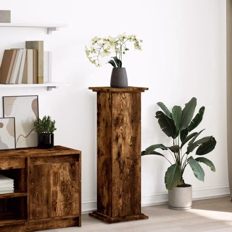 Espositore con portaoggetti vidaXL in legno color rovere fumo, design moderno e finitura opaca, L 31 cm x P 30 cm x H 90 cm