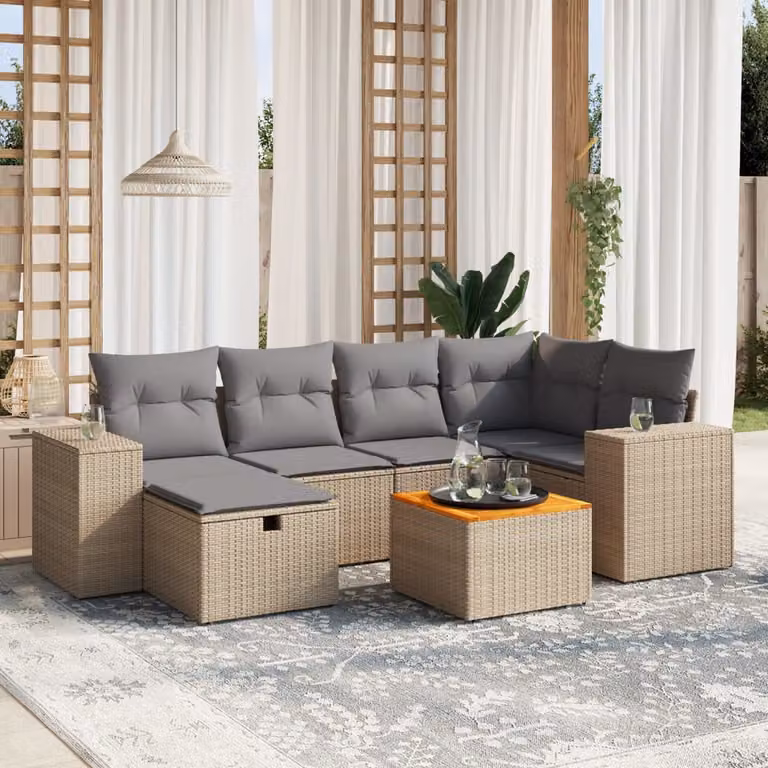 vidaXL Set Divano da Giardino 7 pz a L con Cuscini Beige e Grigio in Polyrattan e Acciaio
