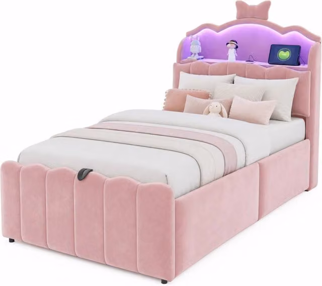 Letto per bambini moderno in velluto rosa con contenitore idraulico, illuminazione LED, porte di ricarica USB e USB-C, L/P/H: 90 x 200 cm