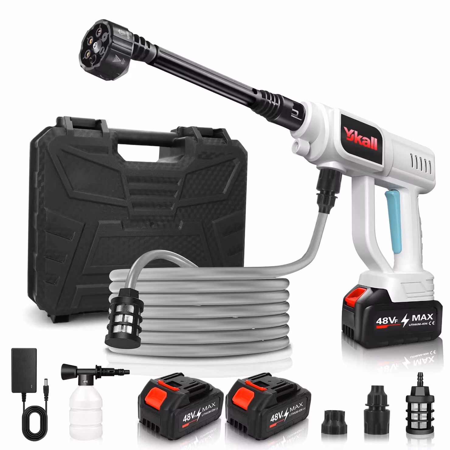 Idropulitrice a batteria, 48 V, 2 batterie da 4 Ah, ugello 6-in-1, tubo da 5 metri