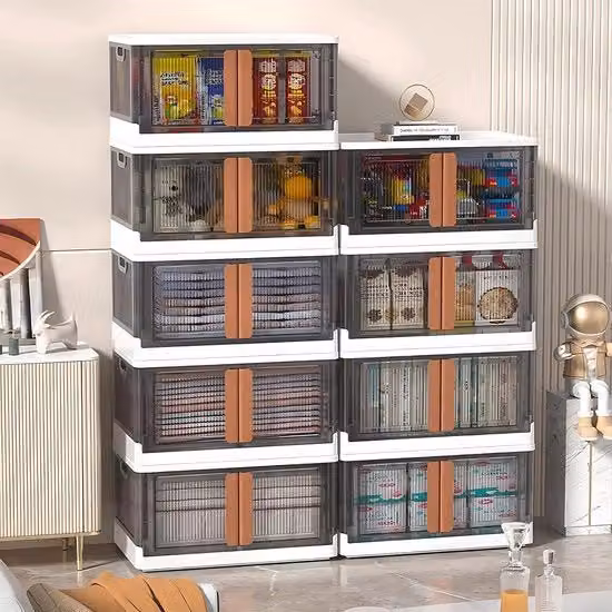 Scatola di archiviazione con coperchio, 72 litri, grandi scatole da pile, scatola a coperchio trasparente, pieghevole con ruote, scatole di archiviazione per bagno, cucina, giocattoli, campeggio, 1 pezzo
