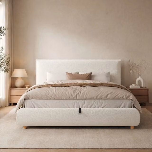 Letto matrimoniale 180x200 cm con contenitore idraulico e rete a doghe; bouclé bianco