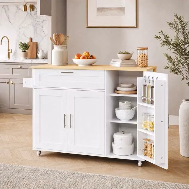 Carrello cucina ULEVR 132,5x44/70x90 cm con piano pieghevole, armadietti, cassetto e 5 ruote, bianco e naturale