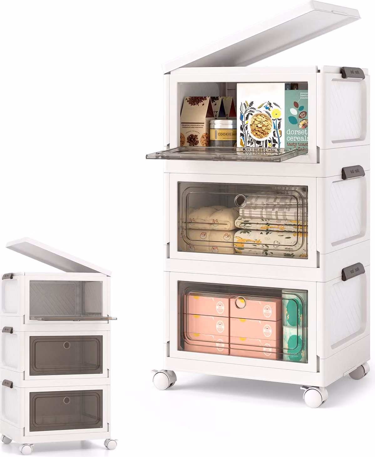 KOMFOTTEU Contenitore pieghevole in plastica, 75/105 l, contenitore impilabile, contenitore con 4 ruote, contenitore organizer con coperchio e 2 aperture, per camera da letto, soggiorno (75 l)