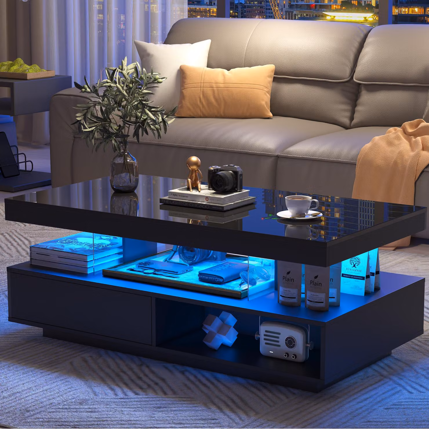 Tavolino Abrihome Tavolino 95x50x42,5 cm con 2 cassetti e 3 vani a giorno, luci LED, nero