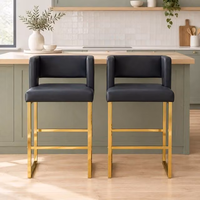 Set da 2 Sgabelli da Bar Neri in Stile Nordico con Seduta Quadrata e Gambe in Metallo Dorato, Altezza 91,4 cm