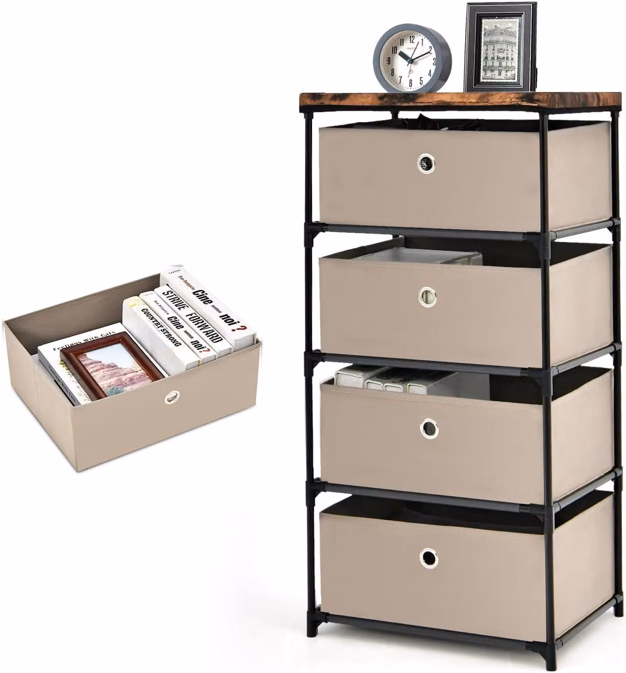 KOMFOTTEU: cassettiera con 4 cassetti estraibili e pieghevoli, cassettiera in tessuto, mobile contenitore in tessuto per soggiorno e ufficio
