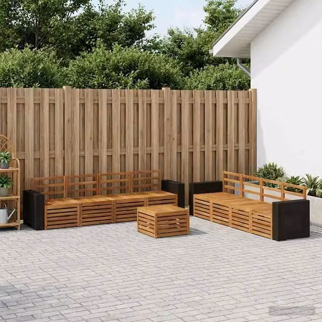 Set di divani da esterno 9 pezzi vidaXL in legno di acacia con cuscini beige e marrone e tavolino da caffè – 1