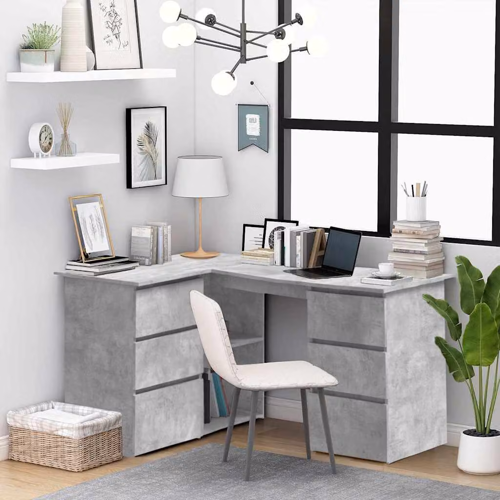 Scrivania angolare moderna vidaXL in legno e MDF, colore grigio cemento, L 145 cm x P 100 cm x H 76 cm – 1