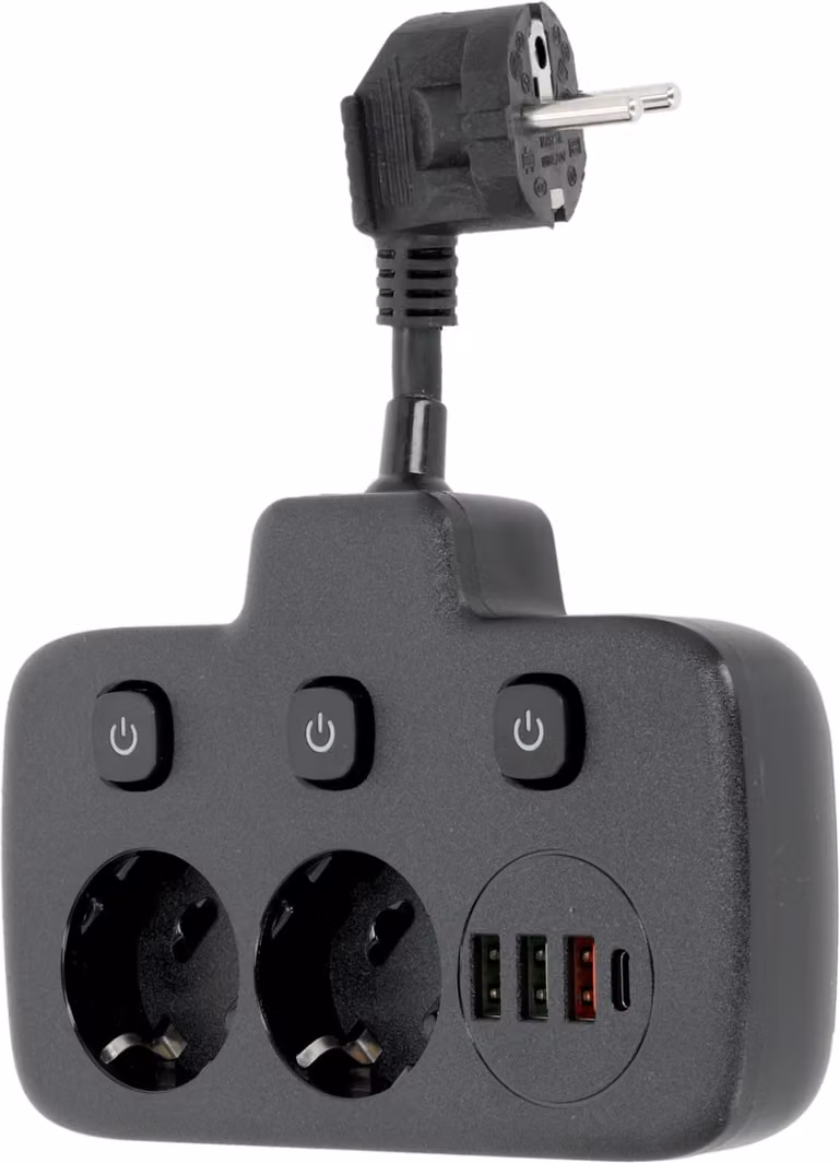Estensione della ciabatta KOBI LINEA PRO Nero 2 gang Presa multipla con 3xUSB e 1 USB-C, 2500W spina multipla 10A Cavo di prolunga 0,2 m