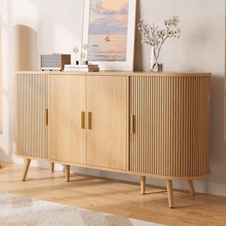 Mobile contenitore MODFU con ante scorrevoli, dimensioni 150x40x79 cm, mobiletto con superficie scanalata e listelli maniglia, armadio in MDF per sala da pranzo e ingresso, finitura naturale