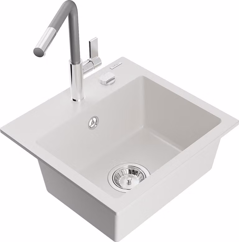 Mexen Milo lavello da cucina in granito 1-vasca con miscelatore Flora, bianco - 6505-20-670401-06