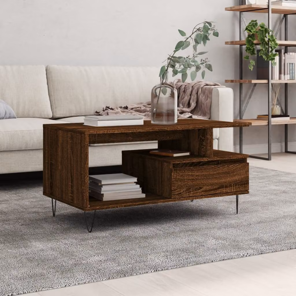 vidaXL Tavolino da salotto moderno in legno e metallo, colore rovere marrone, L: 90 cm, P: 49 cm, H: 45 cm