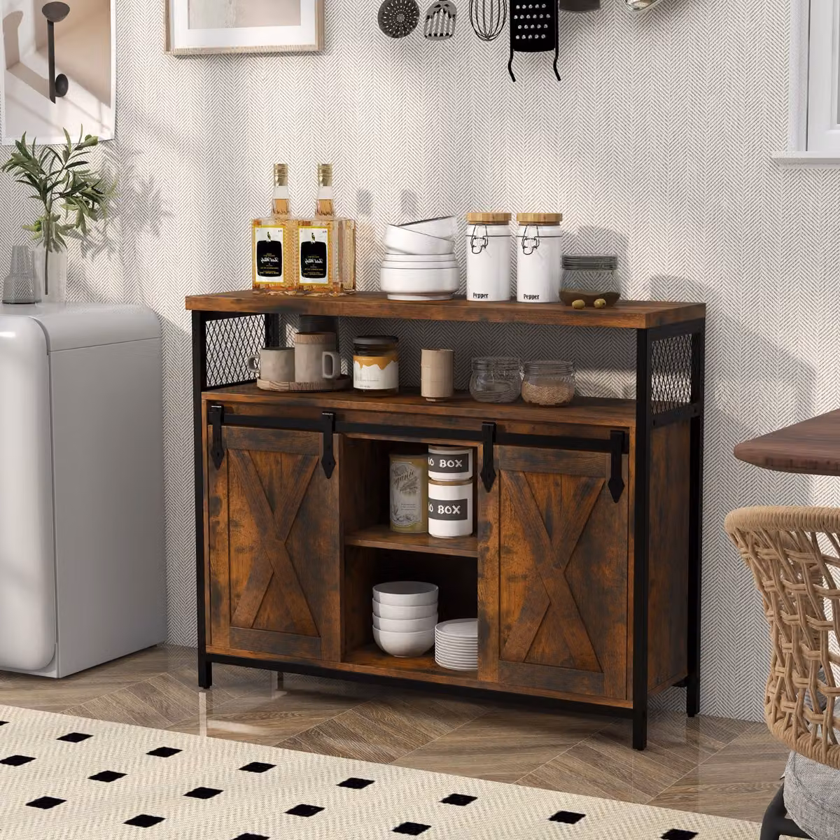 Costway Mobile credenza stile rustico con ante scorrevoli e ripiani regolabili, Marrone e Nero, L: 100 cm, P: 33 cm, H: 80 cm – 3