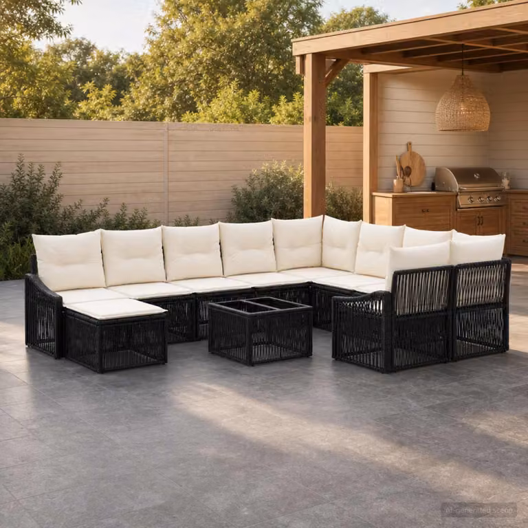 Set Divano da Giardino vidaXL 11 pz Nero con Polyrattan e Cuscini Imbottiti
