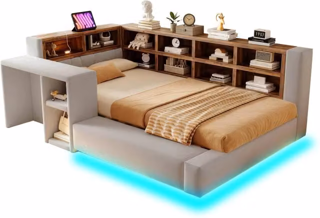 Letto singolo moderno Chicfurn in tessuto grigio con vani contenitore, illuminazione LED sottostante, porte USB, luci di lettura integrate e mensola laterale, L/P: 90 x 200 cm
