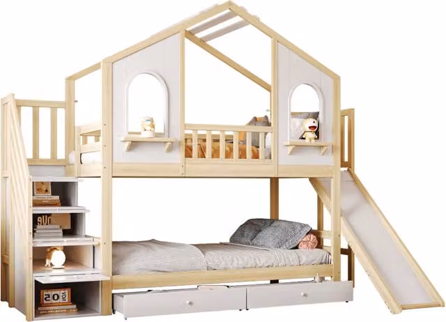 Letto a castello per bambini 90x200 cm con scivolo; scala contenitore e cassetti