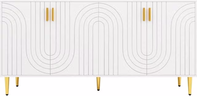 Sideboard bianco in MDF 152x40x75 cm con design ondulato e maniglie dorate per sala da pranzo