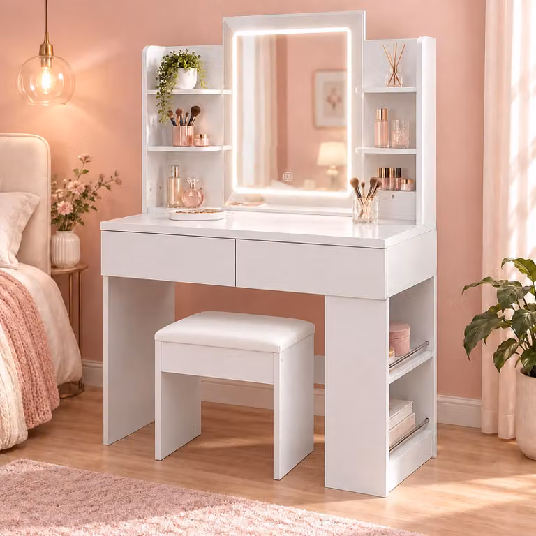 Comò da trucco con specchio illuminato a LED, luminosità regolabile, tavolino da parrucco/trucco con 2 cassetti, incluso 1 poggiapiedi