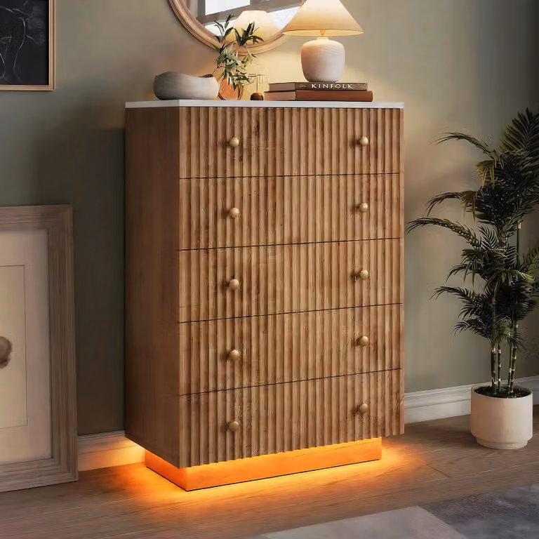 Comodino ProximaX a 5 cassetti effetto legno con LED RGB, sistema anti-ribaltamento e vano portaoggetti