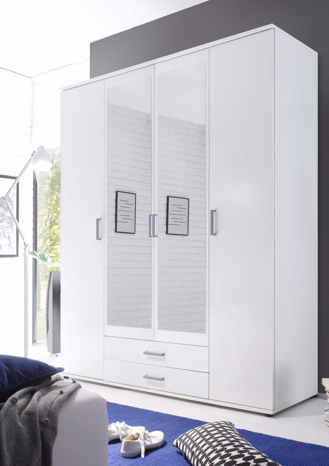 Armadio Karl a 4 ante con specchio 159 cm Bianco