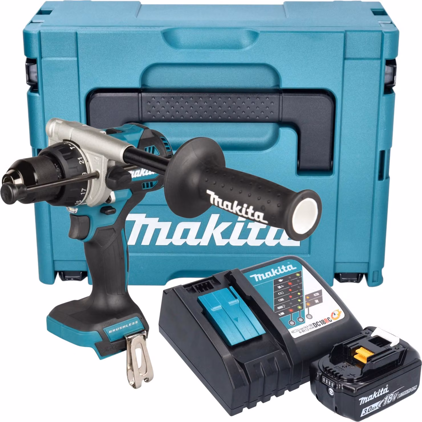 Makita DHP 492 RF1J Avvitatore a percussione a batteria 18 V 141 Nm Brushless + 1x batteria 3,0 Ah + caricabatteria + Makpac
