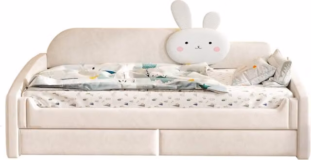 Letto Divano Chicfurn per Bambini in Velluto Beige con 2 Cassetti e Illuminazione LED L/P/H: 90 x 200 x 76,5 cm