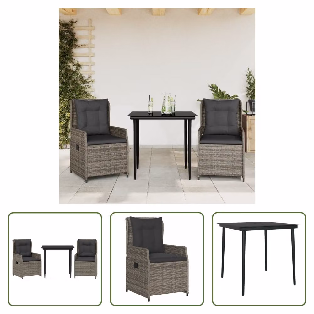 The Living Store Set da pranzo da giardino in 3 pezzi con cuscini in poly rattan grigio