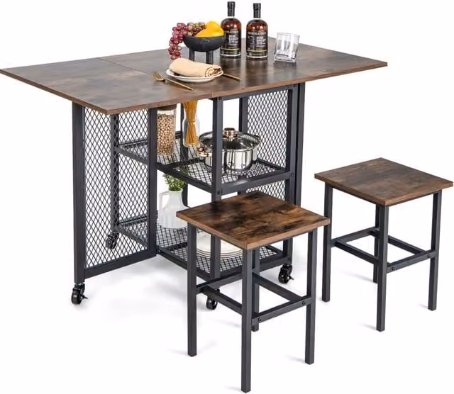 Set tavolo da pranzo pieghevole con ante ribaltabili, 2 sgabelli e ruote bloccabili, in legno e metallo, marrone, multifunzionale per casa