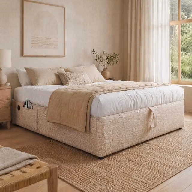 Letto matrimoniale contenitore 140 × 200 cm senza testiera in lino naturale con ricarica USB e Type C