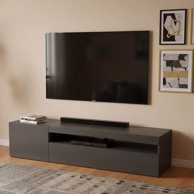 Credenza da soggiorno DMORA Porta Acrilya a 2 ante, Antracite lucido, L: 150 cm, P: 40 cm, H: 37 cm