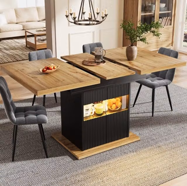Tavolo da pranzo allungabile ULEVR 110-140x80 cm con vano contenitore LED e ripiano regolabile, nero effetto legno