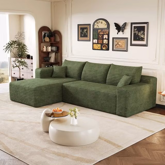 Divano angolare modulare minimalista in tessuto a coste senza montaggio con seduta profonda verde 241 cm per soggiorno e salotto