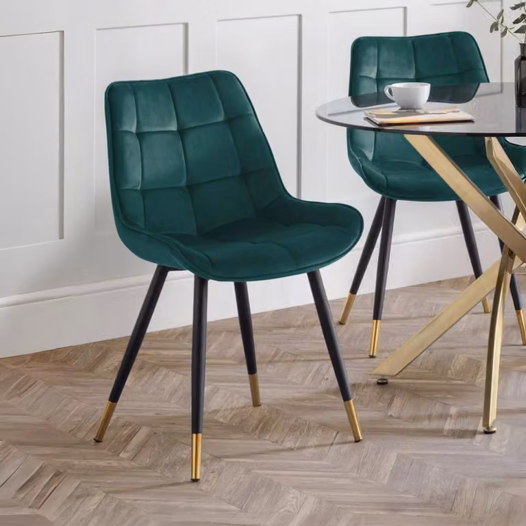 Set di 2 sedie da pranzo, colore verde, rivestimento in tessuto, struttura in metallo, altezza 84 cm