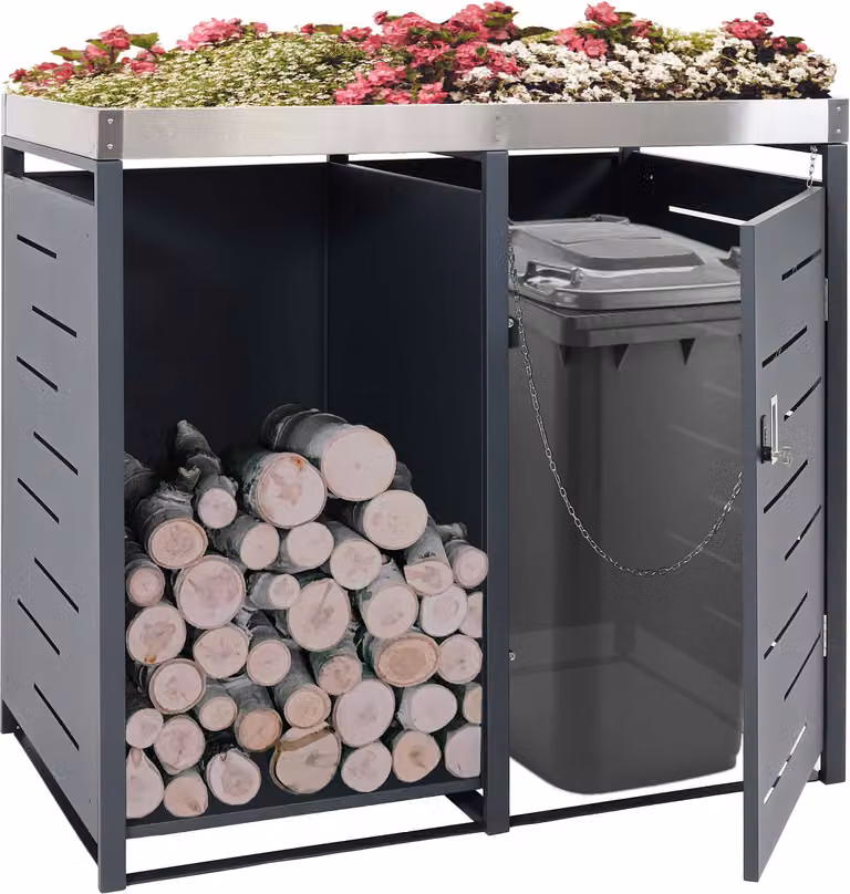 1 contenitore per rifiuti con deposito per legna da ardere HWC-H40, contenitore per rifiuti, 125x130x80cm metallo espandibile 45kg ~ antracite