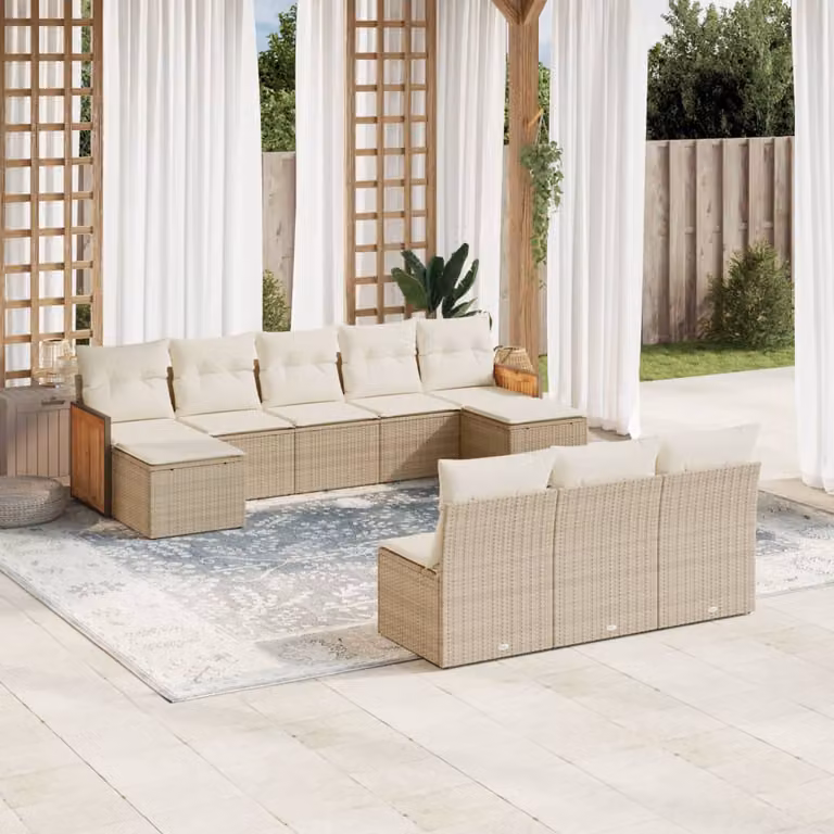 vidaXL Set Divano da Giardino a L 10 pz con Cuscini Beige in Polyrattan e Struttura in Acciaio e Legno di Acacia