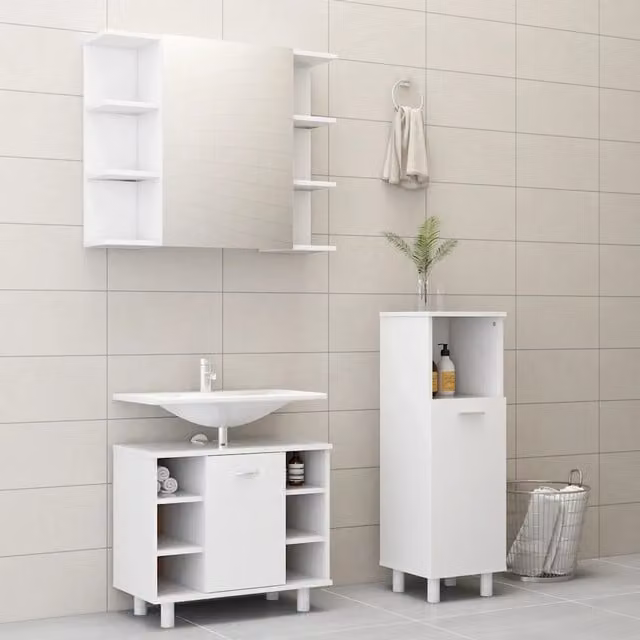 Set Mobili da Bagno Moderno vidaXL in MDF Bianco Opaco con Armadietto Specchio e Mobile Lavabo