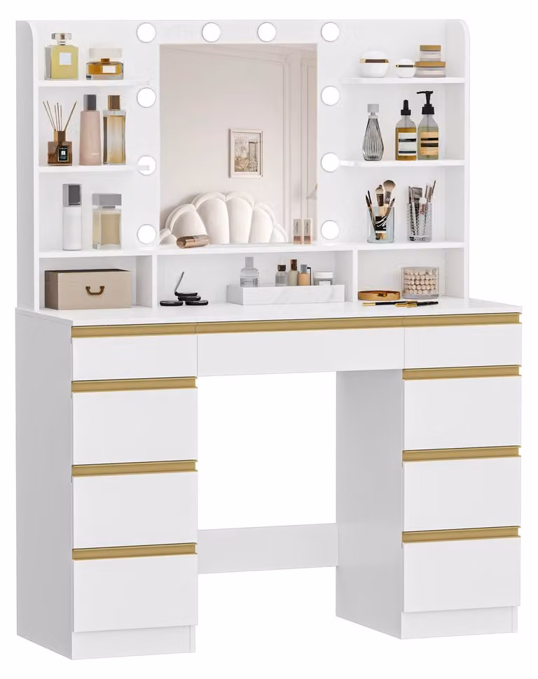 Tavolo da trucco - Comodino con specchio - Tavolo per il trucco - Tavolo per la bellezza - Comodino - Illuminazione a LED con 10 lampade