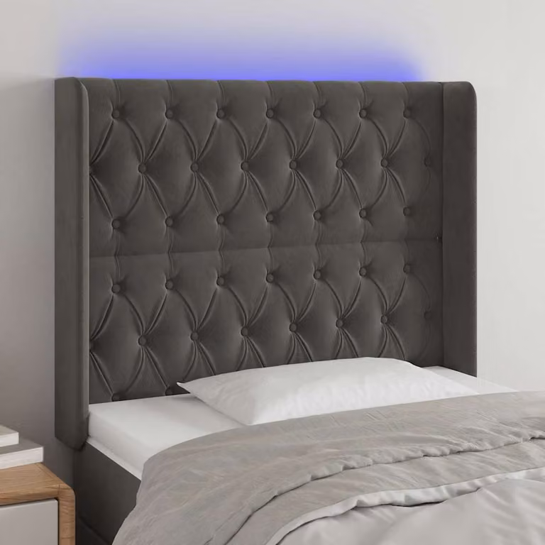 Testiera per letto vidaXL in velluto grigio con illuminazione LED e porta di ricarica USB, L: 103 cm, P: 16 cm, H: 118-128 cm