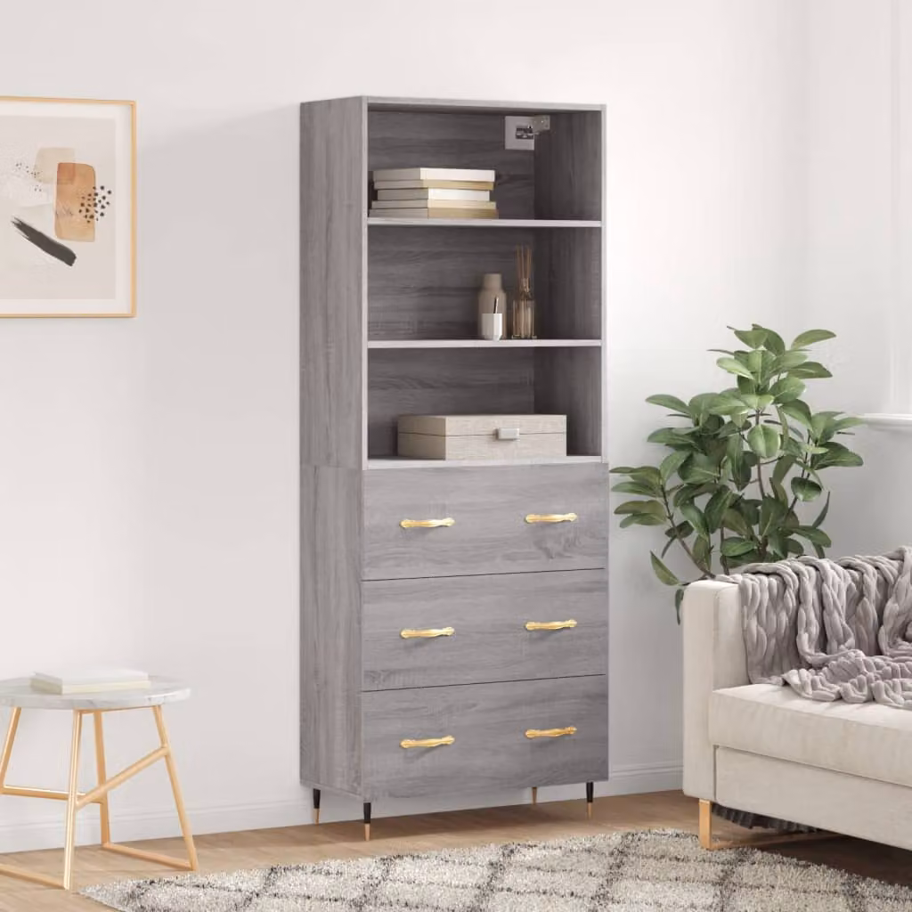 Credenza moderna vidaXL in legno multistrato e metallo, Grigio Sonoma, L: 69,5 cm, P: 34 cm, H: 180 cm