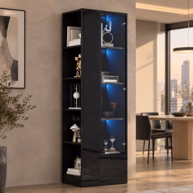 Desviae Vetrina con anta in vetro LED regolabile tramite app cassetto e ripiani aperti in truciolare nero 50 × 35 × 160 cm