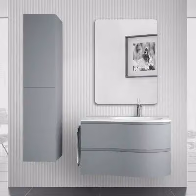 Mobile bagno sospeso INBAGNO Melody azzurro polvere con vasca a destra e ante con cassetti soft close